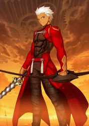 Rule 34 | 1boy, archer (fate), arrow (projectile), bow, bow (weapon), brown hair, dark skin, dark-skinned male, fate/grand order, fate/stay night, fate (series), gears, holding, holding weapon, looking at viewer, male focus, official art, resized, silver hair, sky, solo, sword, takeuchi takashi, upscaled, waifu2x, weapon