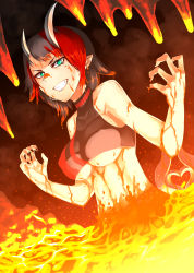 Rule 34 | 1girl, absurdres, black hair, black nails, black sports bra, blue eyes, breasts, chain, claw pose, commentary request, demon girl, demon horns, demon tail, dutch angle, ear chain, engacyo (engacyo39800yen), grin, highres, horns, large breasts, lava, looking at viewer, multicolored hair, nail polish, nanashi inc., no jacket, pointy ears, red hair, red sports bra, ryugasaki rene, ryugasaki rene (1st costume), short hair, smile, solo, sports bra, sugar lyric, tail, two-tone hair, underboob, upper body, virtual youtuber