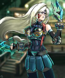 Rule 34 | alternate color, alternate costume, alternate eye color, alternate weapon, armor, aura, bare shoulders, blue gemstone, bodysuit, breastplate, breasts, chest jewel, claw (weapon), clawed gauntlets, claws, cleavage, clenched hand, clenched hands, corruption, crescent, crossover, dark persona, earrings, facial tattoo, fierce deity, final fantasy, final fantasy vii, fingerless gloves, gauntlets, gem, gloves, glowing, glowing weapon, hal laboratory, highres, jewelry, large breasts, long hair, looking to the side, medium breasts, nintendo, ponytail, possessed, possession, square enix, stoic seraphim, tattoo, the legend of zelda, the legend of zelda: majora&#039;s mask, tifa lockhart, triangle, weapon, wrist guards