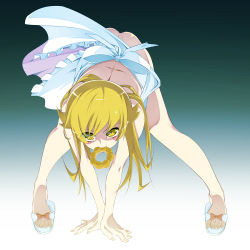 Rule 34 | 1girl, all fours, apron, ass, bakemonogatari, bent over, blonde hair, blush, blush stickers, bow, doughnut, feet, food, food in mouth, hands reach floor, legs, long hair, long legs, monogatari (series), mouth hold, naked apron, oshino shinobu, sandals, solo, tanabe kyou, toes, yellow eyes