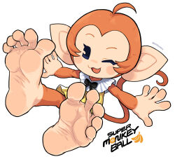 Rule 34 | 1girl, :3, absurdres, ahoge, animal ears, artist name, bare legs, barefoot, black bow, blush stickers, bow, copyright name, dress, feet, female focus, foot focus, full body, furry, furry female, highres, looking at viewer, monkey ears, monkey girl, monkey tail, one eye closed, open mouth, outstretched arms, oyatsu (mk2), palette (super monkey ball), sleeveless, sleeveless dress, smile, soles, solo, spread arms, super monkey ball, tail, toes, yellow dress