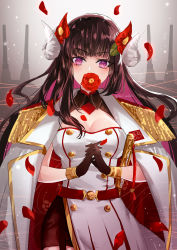 Rule 34 | 1girl, artist name, asymmetrical clothes, azur lane, belt, breasts, brown gloves, brown hair, brown skirt, buttons, cleavage, coat, coat on shoulders, curled horns, double-breasted, epaulettes, flower, flower over mouth, gloves, gold trim, hair flower, hair ornament, highres, horns, long hair, looking at viewer, matori (penguin batake), medium breasts, own hands together, petals, purple eyes, red belt, red flower, sheath, sheathed, skirt, skirt under dress, solo, suruga (azur lane), white coat