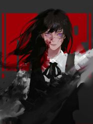 Rule 34 | 1girl, absurdres, black hair, blood, blood on clothes, blood on face, chainsaw man, chinese commentary, commentary request, facial scar, grey background, highres, long hair, looking at viewer, neck ribbon, painterly, purple eyes, ribbon, ringed eyes, scar, scar on cheek, scar on face, shirt, shizidezhuzi, solo, straight-on, upper body, white shirt, yoru (chainsaw man)