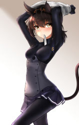 Rule 34 | 10s, 1girl, absurdres, anchor symbol, arms up, black bodysuit, black skirt, blush, bodysuit, breasts, brown hair, cat tail, clothes writing, corset, frown, gradient background, hair between eyes, hairband, hatsuzuki (kancolle), highres, kantai collection, kemonomimi mode, looking at viewer, miniskirt, mouth hold, nekodayo22, pleated skirt, pointy hair, revision, ribbon, ribbon in mouth, school uniform, serafuku, shirt, shirt over head, unworn shirt, skirt, small breasts, solo, tail, undressing, white ribbon, white shirt, yellow eyes