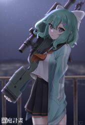 Rule 34 | 1girl, black sailor collar, black skirt, blue jacket, blurry, blurry background, bow, breasts, brown eyes, commentary request, cowboy shot, depth of field, gloves, green hair, gun, hair between eyes, hair bow, hair ornament, hairclip, hand in pocket, highres, holding, holding gun, holding weapon, jacket, looking at viewer, neckerchief, night, night sky, open clothes, open jacket, original, outdoors, paravene, parted lips, pleated skirt, railing, red neckerchief, sailor collar, scope, shirt, skirt, sky, small breasts, solo, standing, star (sky), starry sky, trg-42, weapon, white bow, white gloves, white shirt, x hair ornament