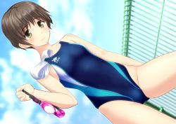 Rule 34 | 1girl, absurdres, black one-piece swimsuit, blue sky, brown eyes, brown hair, cloud, commentary request, competition swimsuit, contrapposto, cowboy shot, day, dutch angle, fence, gluteal fold, goggles, unworn goggles, highres, holding, holding goggles, logo, looking at viewer, one-piece swimsuit, original, outdoors, parted lips, short hair, sky, solo, swim cap, unworn swim cap, swimsuit, takafumi