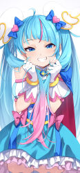 Rule 34 | 1girl, absurdres, blue dress, blue eyes, blue hair, commentary request, cure sky, dress, eyelashes, fingerless gloves, gloves, gradient hair, grin, hair ornament, happy, highres, hirogaru sky! precure, holding, holding own hair, long hair, looking at viewer, magical girl, mamadasky, multicolored hair, pink hair, precure, simple background, smile, solo, sora harewataru, streaked hair, thighhighs, thighs, twintails, very long hair, white background, white gloves