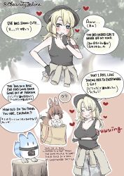 Rule 34 | 2girls, :d, ?, ^ ^, animal ear fluff, animal ears, armband, arms under breasts, artist name, bag, bare shoulders, bilingual, black gloves, black headwear, black tank top, blonde hair, blush, breasts, brown hair, calenda (kemono friends), closed eyes, clothes around waist, comic, commentary, dhole (kemono friends), dog ears, dog tail, english commentary, english text, extra ears, fingerless gloves, gloves, grey eyes, hat, hat feather, heart, highres, in bag, in container, jacket, jacket around waist, kemono friends, kemono friends 3, large breasts, long hair, lucky beast (kemono friends), mixed-language text, multiple girls, open mouth, outline, shio butter (obscurityonline), short hair, signature, smile, speech bubble, spoken question mark, tail, tank top, tree stump, twitter username, white outline