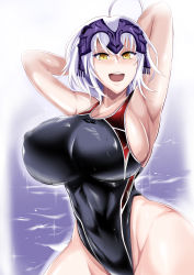 Rule 34 | 1girl, absurdres, angra mainyu (fate), armpits, arms behind head, breasts, competition swimsuit, fate/grand order, fate (series), headpiece, highres, huge breasts, jeanne d&#039;arc (fate), jeanne d&#039;arc (ruler) (fate), jeanne d&#039;arc alter (fate), one-piece swimsuit, puripuri jet, short hair, silver hair, solo, swimsuit, water, wet, yellow eyes