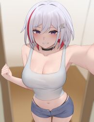 Rule 34 | 1girl, absurdres, armpits, black panties, blurry, blurry background, breasts, cleavage, commentary, exy exii, feet out of frame, hair between eyes, hand out of frame, highres, honkai: star rail, honkai (series), indoors, large breasts, light blush, looking at viewer, multicolored hair, navel, outstretched arm, panties, purple eyes, red hair, short shorts, shorts, smile, solo, stomach, streaked hair, tank top, teeth, topaz (honkai: star rail), two-tone hair, underwear, white hair, white tank top