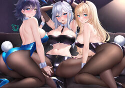 Rule 34 | 3girls, animal ears, armpits, arms up, azur lane, bare shoulders, between breasts, black hair, black leotard, blonde hair, blue eyes, blue leotard, blush, breasts, commission, detached collar, earrings, elbow gloves, fake animal ears, fake tail, georgia (azur lane), gloves, grey hair, hair between eyes, hair ornament, heterochromia, jewelry, large breasts, leotard, long hair, looking at viewer, multiple girls, nail polish, necktie, north carolina (azur lane), pantyhose, pixiv commission, playboy bunny, rabbit ears, rabbit tail, ribbon, short hair, signature, smile, star (symbol), star earrings, strapless, strapless leotard, studiopokotan, tail, washington (azur lane), wrist cuffs, yellow eyes