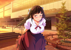Rule 34 | 1girl, arms behind back, blush, breasts, brown hair, closed mouth, embarrassed, evening, feet out of frame, female focus, floating hair, high-waist skirt, highres, large breasts, leaning forward, looking to the side, original, outdoors, red eyes, red ribbon, ribbon, seichi junrei ntr ~paripi to otacir no kanojo~, skirt, solo, standing, taira issui, train station, tree, twintails, wind