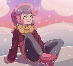 Rule 34 | 1girl, cloud, commentary, english commentary, green eyes, highres, long hair, long sleeves, multicolored hair, my little pony, my little pony: equestria girls, my little pony: friendship is magic, pants, rockset, scarf, shoes, sitting, smile, snow, solo, sweetie belle