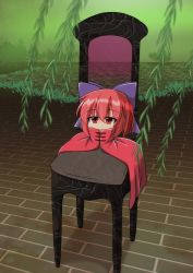 Rule 34 | 1girl, bow, brick floor, chair, cloak, damiwi, disembodied head, hair bow, highres, looking at viewer, outdoors, plant, purple bow, red eyes, red hair, sekibanki, short hair, solo, touhou, untitled (zdzislaw beksinski)