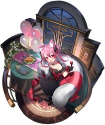 Rule 34 | 1girl, :d, alcohol, animal ear fluff, animal ears, asagi yuna, azur lane, balloon, bare shoulders, black dress, black footwear, bow, brown pantyhose, cat ears, cat girl, cat tail, couch, cup, dress, drinking glass, fang, feather boa, flower, from above, full body, hair bow, hatsushimo (azur lane), hatsushimo (perennial joy) (azur lane), highres, holding, holding cup, long hair, looking at viewer, official alternate costume, official art, open mouth, pantyhose, pink hair, red eyes, red flower, red ribbon, ribbon, rose, shoes, short dress, sitting, smile, solo, table, tail, transparent background, twintails, wine