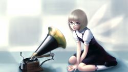 Rule 34 | 1girl, alternate hairstyle, bespectacled, between thighs, butterfly wings, fairy wings, fine art parody, glasses, highres, his master&#039;s voice, insect wings, kagamine rin, kneehighs, parody, phonograph, short hair, silver hair, sitting, socks, solo, thighs, vocaloid, wariza, wings, yori, yori (shitsuon)