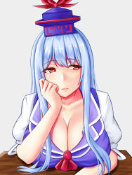 Rule 34 | 1girl, blue hair, breast rest, breasts, cleavage, collarbone, commentary request, grey background, hair between eyes, hand on own cheek, hand on own face, hat, kamishirasawa keine, large breasts, light frown, lips, looking to the side, mimasi osuwari, puffy short sleeves, puffy sleeves, red eyes, ribbon, short sleeves, simple background, solo, table, touhou, upper body