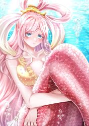Rule 34 | 1girl, bikini, blue eyes, blush, breasts, bubble, cleavage, commentary request, crying, curled up, eyelashes, fish hair ornament, hagoromo, hair ornament, half updo, highres, large breasts, long hair, mermaid, monster girl, one piece, onsin122, pink hair, shawl, shirahoshi, sidelocks, swimsuit, underwater, very long hair, yellow bikini