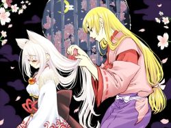 Rule 34 | 1boy, 1girl, amaterasu (ookami), animal ears, bell, blonde hair, bow, brushing hair, cherry blossoms, comb, cowboy shot, eyelashes, flower, from side, hip vent, indoors, japanese clothes, kimono, long hair, low-tied long hair, marble (toy), moon, night, ookami (game), personification, round window, thick eyebrows, ushiwakamaru (ookami), very long hair, white hair, window, wolf ears, yukata