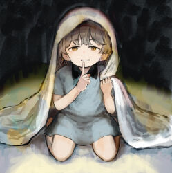 Rule 34 | 1girl, alternate costume, asasow, blanket, brown eyes, brown hair, collared dress, commentary request, dark background, dress, finger to mouth, full body, grey dress, grin, half-closed eyes, hands up, hatoba tsugu, holding, holding blanket, kneeling, looking at viewer, short dress, short sleeves, shushing, smile, solo, tsugu (vtuber), under covers, virtual youtuber