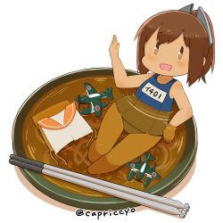 Rule 34 | 10s, 1girl, aircraft, airplane, bathing, blue one-piece swimsuit, bowl, brown eyes, brown hair, capriccyo, chibi, chopsticks, food, i-401 (kancolle), kantai collection, matching hair/eyes, mini person, minigirl, name tag, noodles, one-piece swimsuit, oversized object, ponytail, ramen, sailor collar, school swimsuit, unworn shirt, short hair, short ponytail, solo, soup, swimsuit, tan, twitter username, | |