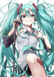 Rule 34 | 1girl, absurdres, ahoge, black skirt, blue eyes, blue hair, blue necktie, blush, clenched teeth, collared shirt, commentary request, detached sleeves, grey shirt, hair between eyes, hand up, hatsune miku, highres, holding, long sleeves, looking at viewer, microphone, microphone stand, miniskirt, necktie, necktie grab, neckwear grab, panties, shirt, simple background, skirt, solo, striped clothes, striped panties, taiga (ryukyu-6102-8), teeth, twintails, underwear, vocaloid, white background, wing collar