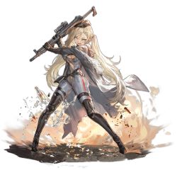Rule 34 | 1girl, a-545 (girls&#039; frontline), alcohol, angry, aqua eyes, assault rifle, belt, beret, black belt, black footwear, black gloves, blonde hair, bodysuit, boots, bottle, braid, breasts, cleavage, cloak, covered navel, crushed, flask, french braid, full body, fur-trimmed cloak, fur trim, girls&#039; frontline, gloves, grey bodysuit, grey cloak, gun, hair ornament, hairclip, hat, high heel boots, high heels, holding, holding gun, holding weapon, knee pads, long hair, looking at viewer, medium breasts, messikid, official art, open mouth, partially fingerless gloves, rifle, rubber boots, solo, standing, stolichnaya (vodka), thigh boots, thighhighs, thighs, torn bodysuit, torn cloak, torn clothes, transparent background, twintails, vodka, weapon