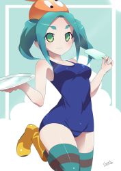 Rule 34 | 10s, 1girl, absurdres, aqua hair, blush, boots, breasts, eyebrows, food, green eyes, highres, looking at viewer, monogatari (series), nisemonogatari, one-piece swimsuit, ononoki yotsugi, plate, popsicle, rubber boots, school swimsuit, short hair, simple background, small breasts, solo, striped background, striped clothes, striped thighhighs, swimsuit, takada sekiyu (kabu), thick eyebrows, thighhighs, twintails, yellow footwear
