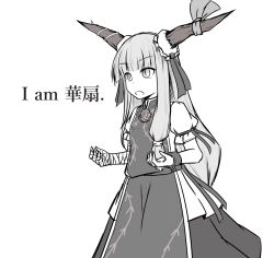 Rule 34 | 1girl, bandaged arm, bandages, blouse, bun cover, chinese clothes, cosplay, cuffs, dress, fang, female focus, flower, ganmaganmo, hair ribbon, hime cut, horns, ibaraki kasen, ibaraki kasen (cosplay), ibuki suika, long hair, long skirt, low-tied long hair, monochrome, oni, plant, puffy short sleeves, puffy sleeves, ribbon, rose, shackles, shirt, short sleeves, skirt, slit pupils, solo, tabard, text focus, touhou, translation request, very long hair, white background