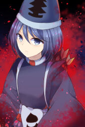 Rule 34 | 1other, androgynous, arrow (projectile), blue eyes, blue hair, blue hat, blue shirt, closed mouth, commentary request, hair between eyes, hat, highres, kashiwagi kaoru, len&#039;en, long sleeves, other focus, ougi hina, quiver, shirt, short hair, solo, tate eboshi, upper body
