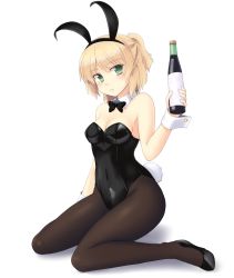 Rule 34 | 1girl, alcohol, alternate costume, animal ears, bare shoulders, black bow, black bowtie, black leotard, black pantyhose, blonde hair, blush, bow, bowtie, breasts, cleavage, closed mouth, covered navel, detached collar, fake animal ears, full body, green eyes, hairband, isaki (gomi), leotard, looking at viewer, mizuhashi parsee, pantyhose, playboy bunny, pointy ears, rabbit tail, short ponytail, sitting, small breasts, solo, tail, touhou, wine, wrist cuffs