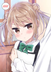 Rule 34 | &gt;:(, 1girl, black dress, blurry, blurry background, blush, bow, brown eyes, closed mouth, collared shirt, commentary request, depth of field, double bun, dress, green bow, hair between eyes, hair bun, head tilt, indoors, k hiro, kantai collection, light brown hair, light frown, long sleeves, looking at viewer, michishio (kancolle), hugging object, pinafore dress, school uniform, shirt, side bun, sleeveless, sleeveless dress, solo, spoken blush, twintails, upper body, white shirt