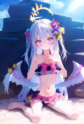 Rule 34 | 1girl, absurdres, azusa (blue archive), azusa (swimsuit) (blue archive), barefoot, bikini, blue archive, blush, breasts, closed mouth, commentary request, crossed bangs, feathered wings, frilled bikini, frills, full body, h.yasai, hair between eyes, halo, highres, long hair, looking at viewer, low wings, multicolored bikini, multicolored clothes, navel, official alternate costume, purple eyes, sitting, small breasts, solo, swimsuit, toes, very long hair, wariza, white wings, wings, yellow halo