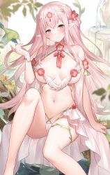 Rule 34 | 1girl, barefoot, bird, blush, breasts, breasts apart, closed mouth, commentary request, elf, flower, highres, large breasts, legs, long hair, looking at viewer, navel, original, pink eyes, pink hair, pointy ears, sitting, smile, solo, sora 72-iro, water