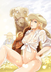 Rule 34 | 1girl, blonde hair, blue eyes, blz, bottomless, breasts, collarbone, convenient censoring, front-tie top, grass, hand on own hip, hat, horns, large breasts, meadow, navel, open mouth, pig, saddle, shirt, sitting, straw hat, tied shirt, tusks, wet
