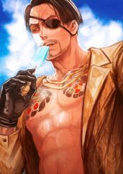 Rule 34 | 1boy, abs, aomi nekosuki, black hair, blue sky, brown eyes, chain, chain necklace, commentary request, eyepatch, food, gloves, gold chain, irezumi, jacket, leather, leather gloves, majima goro, male focus, necklace, one-eyed, open clothes, open jacket, popsicle, ryuu ga gotoku (series), sky, snake print, summer, sweat, sweatdrop, tattoo