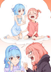 Rule 34 | 2girls, puff of air, absurdres, aged down, bike shorts, black hoodie, blank eyes, blue dress, blue hairband, blunt bangs, blush, bow, clenched hand, closed mouth, clothes grab, commentary, crying, dress, embarrassed, enpera, flustered, flying sweatdrops, hair bow, hairband, half updo, highres, hood, hoodie, kotonoha akane, kotonoha aoi, long hair, multiple girls, multiple views, nose blush, off shoulder, one side up, open mouth, out of character, pink shirt, purple sweater, red eyes, remembering, sandals, scarf, scraped knee, sharp teeth, shiratama (siratama5656), shirt, short dress, short hair, short sleeves, shouting, siblings, single bare shoulder, sisters, smile, spaghetti strap, spoken character, sundress, sweater, tearing up, teeth, thick eyebrows, turtleneck, turtleneck sweater, voiceroid