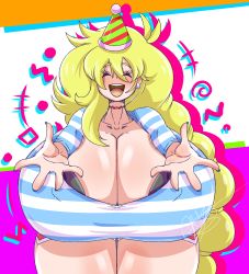 Rule 34 | 1girl, absurdres, ass, birthday, blonde hair, breasts, cassie (theycallhimcake), cleavage, crysnickel, gigantic breasts, highres, huge ass, open clothes, smile, solo, tagme, theycallhimcake, thick thighs, thighs, twitter