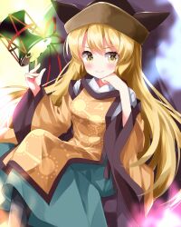 Rule 34 | 1girl, black footwear, black hat, blonde hair, blush, boots, breasts, brown hat, cape, closed mouth, commentary request, constellation print, crossed legs, detached sleeves, drum, green skirt, hair between eyes, hands up, hat, highres, instrument, long hair, long sleeves, looking to the side, matara okina, medium breasts, multicolored clothes, multicolored hat, orange cape, orange tabard, red ribbon, ribbon, ruu (tksymkw), shirt, sidelocks, sitting, skirt, smile, solo, tabard, throne, touhou, tsuzumi, v-shaped eyebrows, white shirt, wide sleeves, yellow eyes