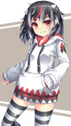 Rule 34 | 1girl, black hair, black thighhighs, blush, commentary request, cone horns, cowboy shot, drawstring, ear piercing, earrings, grey background, grey horns, grin, hand in pocket, highres, hood, hoodie, horns, jewelry, kijin seija, long hair, long sleeves, looking at viewer, multicolored hair, nail polish, no pants, piercing, red eyes, red hair, red nails, smile, solo, standing, streaked hair, striped clothes, striped horns, striped thighhighs, thighhighs, thighs, touhou, two-tone background, uumaru, white background, white hoodie, zettai ryouiki