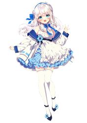 Rule 34 | 1girl, :d, ankle strap, belt, beret, black footwear, blue bow, blue eyes, blush, bow, dress, fork hair ornament, frilled dress, frills, full body, grey hair, hair bow, hair ornament, hairclip, hat, indie virtual youtuber, jacket, knife hair ornament, long hair, looking at viewer, mamyouda, nagino mashiro, off shoulder, open clothes, open jacket, open mouth, simple background, sleeveless, sleeveless dress, smile, solo, thighhighs, virtual youtuber, white background, white dress, white hat, white jacket, white thighhighs