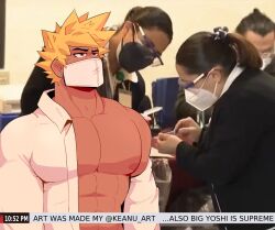 Rule 34 | 1boy, abs, alternate pectoral size, bakugou katsuki, bara, bare pectorals, black hair, boku no hero academia, highres, i&#039;ll suck the vaccine out of his tiddy (meme), keanu art, large pectorals, looking ahead, male focus, mask, meme, mouth mask, muscular, muscular male, nipples, open clothes, open shirt, parody, pectorals, photo background, short hair, spiked hair, unamused