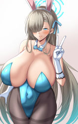 Rule 34 | 1girl, alternate breast size, animal ears, asuna (blue archive), asuna (bunny) (blue archive), blue archive, blue eyes, bow, bowtie, breasts, cleavage, cowboy shot, fake animal ears, female focus, gloves, hair over one eye, hair ribbon, highres, huge breasts, impossible clothes, leotard, light blush, light brown hair, long hair, navel, open mouth, pantyhose, playboy bunny, rabbit ears, ribbon, simple background, smile, solo, tanaken, thighs, traditional bowtie, v, very long hair, white background, white gloves