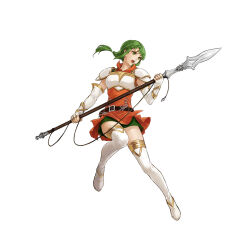 Rule 34 | 1girl, armor, boots, braid, braided ponytail, breastplate, breasts, dress, female focus, fingerless gloves, fire emblem, fire emblem: the sacred stones, fire emblem heroes, gloves, green eyes, green hair, high heel boots, high heels, holding, holding polearm, holding weapon, long hair, low ponytail, matching hair/eyes, nintendo, official art, open mouth, orange dress, polearm, shorts, shorts under skirt, small breasts, solo, teeth, thigh boots, thigh shorts, uroko (mnr), v-shaped eyebrows, vanessa (fire emblem), weapon, white background, white footwear, white gloves