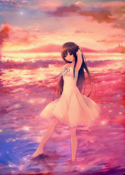 Rule 34 | 1girl, absurdres, arm behind head, arm up, armpits, barefoot, brown eyes, brown hair, cloud, coffee-kizoku, dress, hand in own hair, hand on own chest, highres, long hair, original, ripples, shiramine rika, sky, soaking feet, solo, sundress, sunset, wading, water, white dress