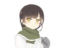 Rule 34 | 1girl, black hair, blush, closed mouth, dougi, gloves, green scarf, grey gloves, kantai collection, karin., looking at viewer, portrait, scarf, short hair, simple background, smile, solo, un&#039;you (kancolle), un&#039;you kai ni (kancolle), white background, yawata maru (kancolle), yellow eyes