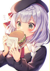 Rule 34 | blush, braid, burger, commentary request, eating, genshin impact, green eyes, highres, noelle (genshin impact), noelle (kfc) (genshin impact), official alternate costume, shirase (shirose), silver hair, simple background, solo, tagme, white background