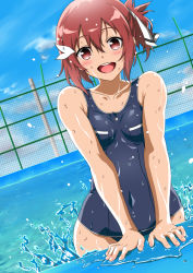 Rule 34 | 1girl, blue one-piece swimsuit, blush, hair between eyes, hair ornament, hair ribbon, hakase yurisuki, looking at viewer, one-piece swimsuit, open mouth, parted bangs, pool, puddle, red eyes, red hair, ribbon, school swimsuit, short hair, smile, solo, swimsuit, teeth, upper teeth only, wide hips, yuuki yuuna, yuuki yuuna wa yuusha de aru, yuusha de aru