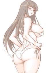 Rule 34 | 1girl, ass, bikini, blunt bangs, blush, breasts, brown eyes, brown hair, closed mouth, cowboy shot, from behind, girls und panzer, guraedo-chungchoon, half-closed eyes, hands on own hips, highres, large breasts, long hair, looking at viewer, looking back, mature female, nishizumi shiho, side-tie bikini bottom, simple background, sketch, skindentation, smile, solo, standing, straight hair, string bikini, swimsuit, white background, white bikini