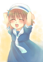 Rule 34 | 00s, 1girl, ascot, bad id, bad pixiv id, brown hair, child, clannad, dixie cup hat, dress, closed eyes, female focus, hat, military hat, okazaki ushio, open mouth, sailor, sailor dress, short hair, solo, touon
